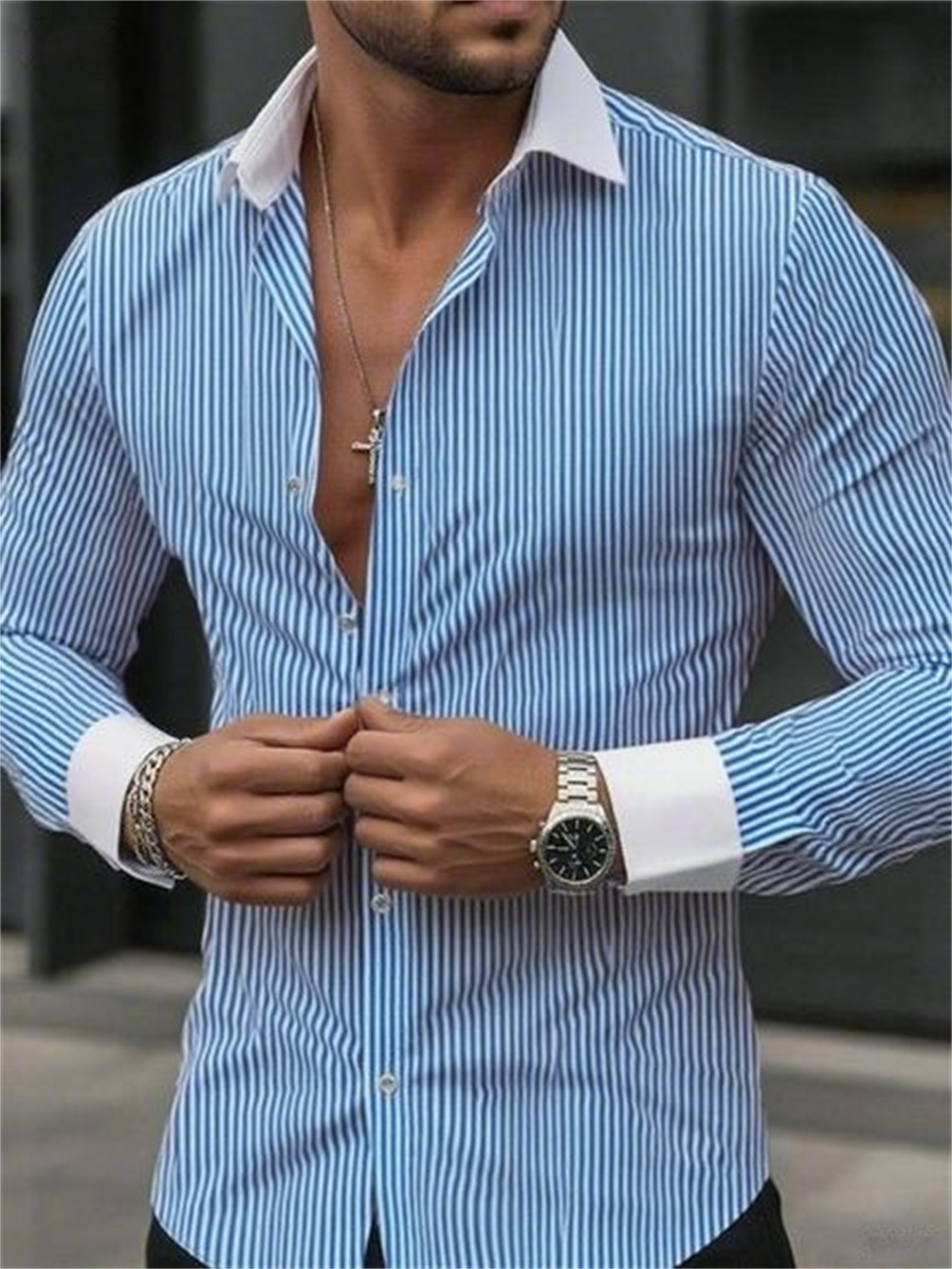 Men Formal Wear Shirts - Men's slim-fit striped lapel long-sleeved formal