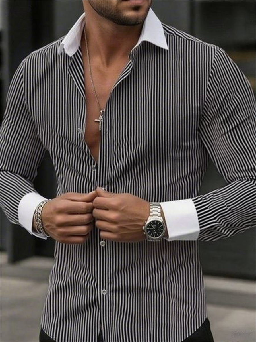 Men's slim-fit striped lapel l - Men Formal Wear Shirts 评论和价格