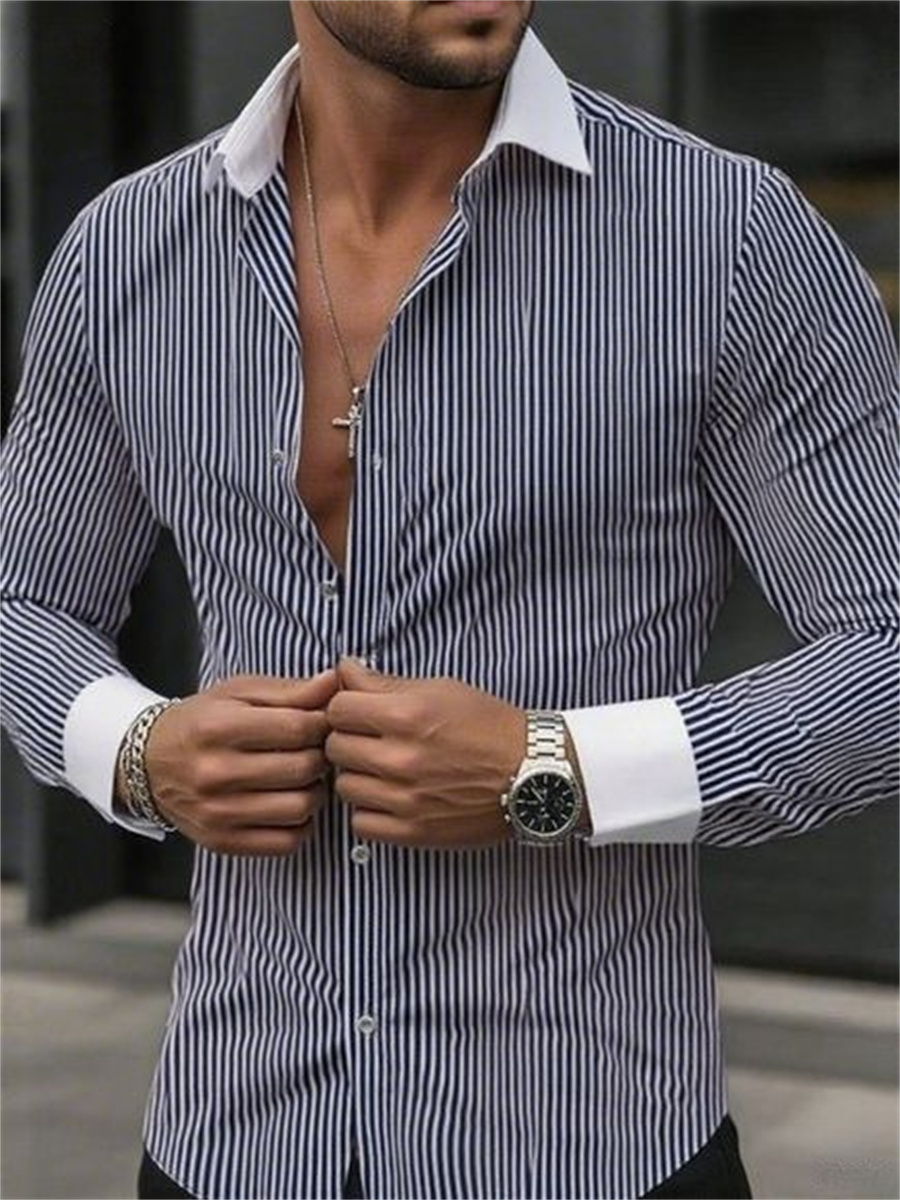 Men's slim-fit striped lapel l - Men Formal Wear Shirts 评论和价格