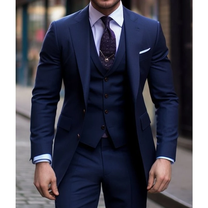 Navy Blue 3 Pieces Casual Male - Men Formal Wear With Blazer 评论和价格