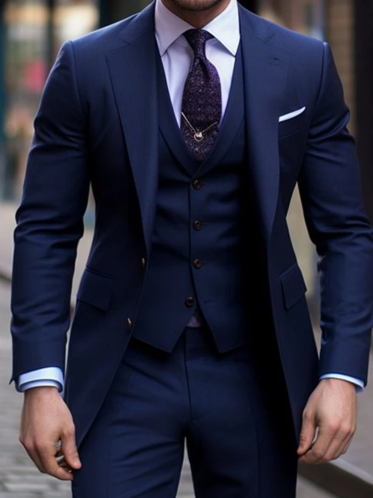 Navy Blue 3 Pieces Casual Male - Men Formal Wear With Blazer 评论和价格