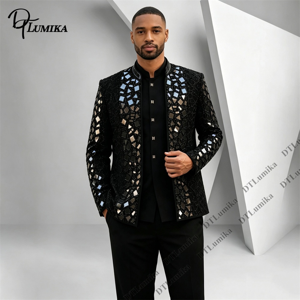 Men Black Mandarin Collar Suit - Men Formal Wear With Blazer 评论和价格