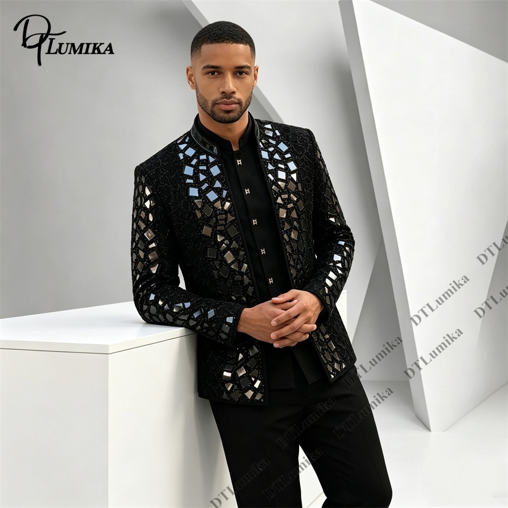 Men Black Mandarin Collar Suit - Men Formal Wear With Blazer 评论和价格