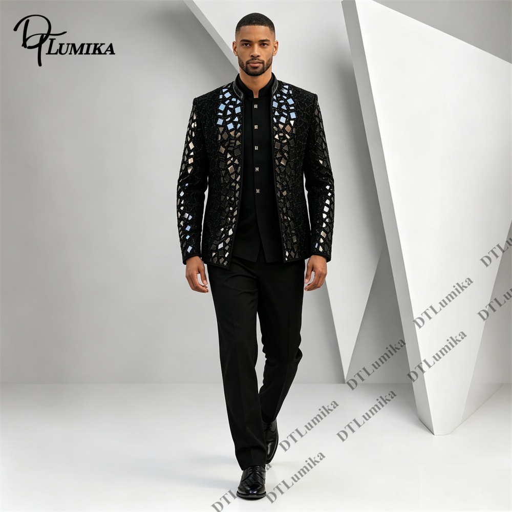 Men Black Mandarin Collar Suit - Men Formal Wear With Blazer 评论和价格