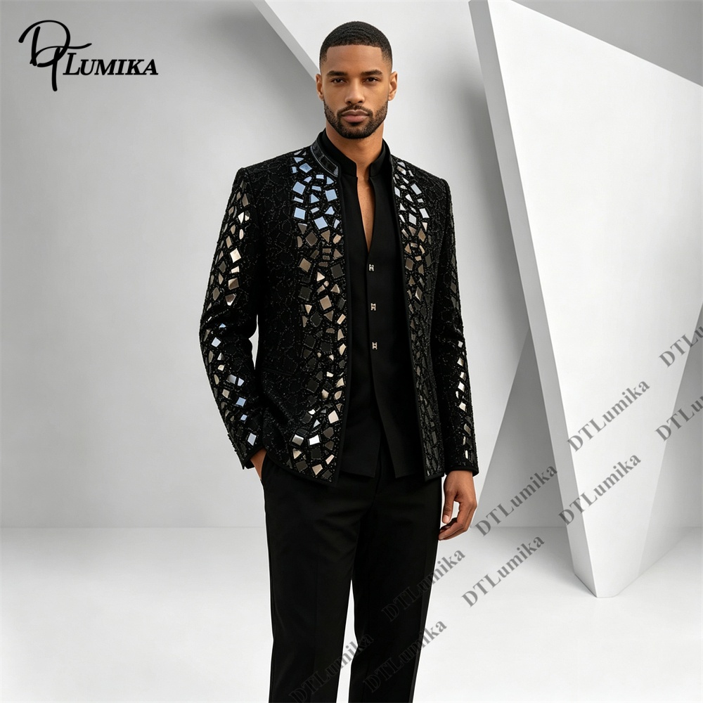 Men Black Mandarin Collar Suit - Men Formal Wear With Blazer 评论和价格