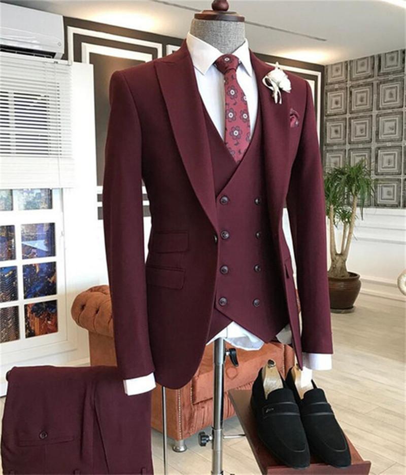 2021 Burgundy Double Breasted  - Men Formal Wear With Blazer 评论和价格